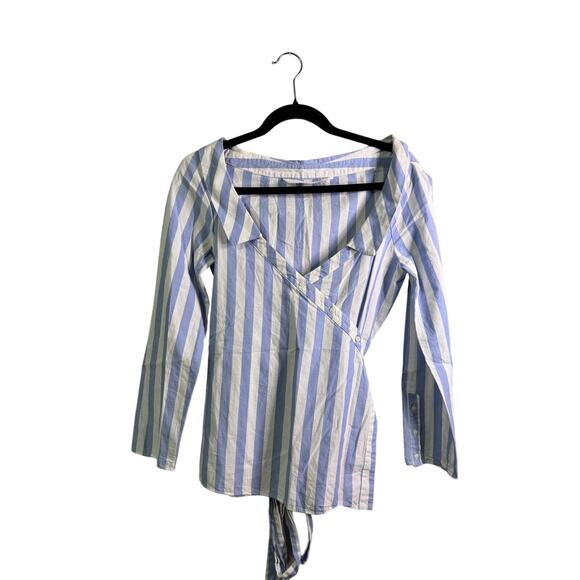 Zara Wide Off Shoulder Striped Wrap Belted Waist Blouse - Picture 5 of 6